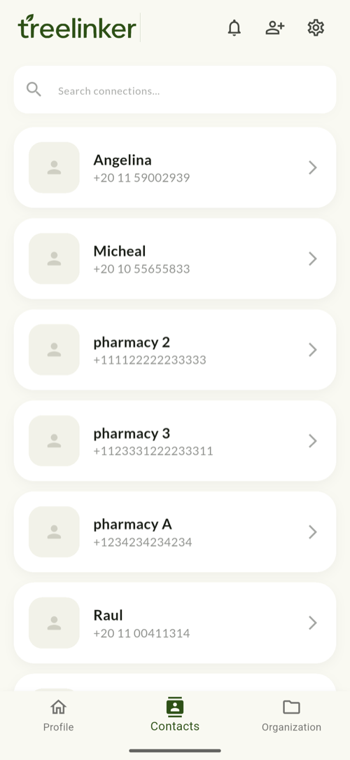 A contact manager organised by relationship — shown in the TreeLinker Android app