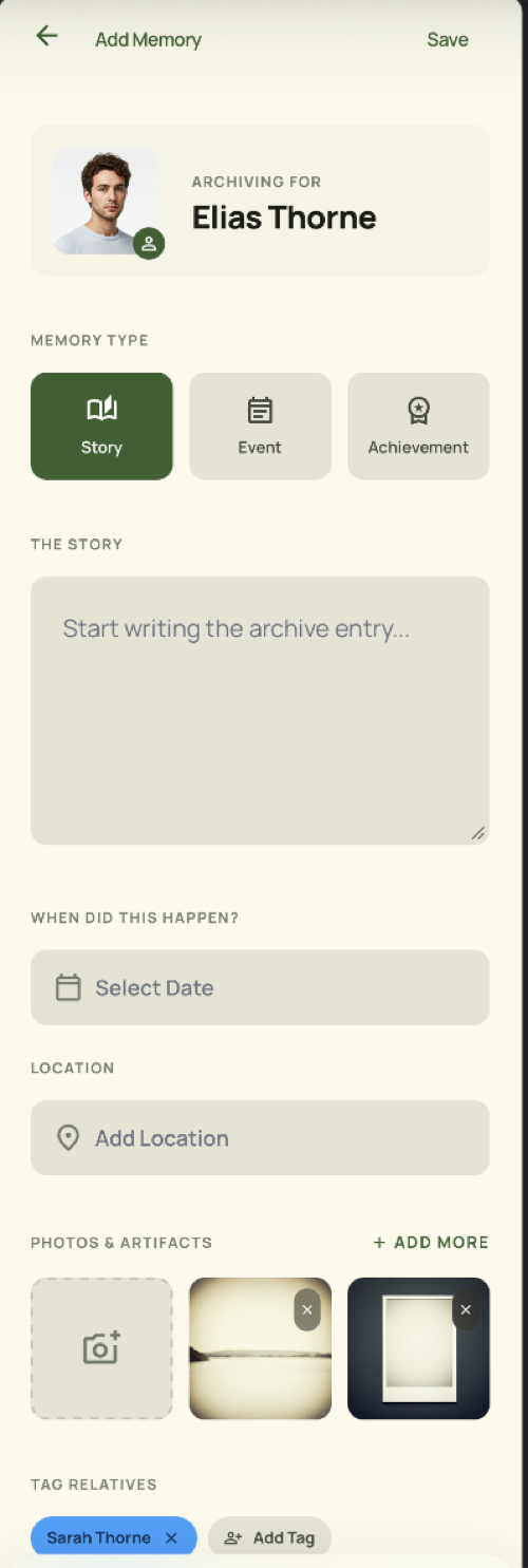A family memory app built around people — shown in the TreeLinker Android app