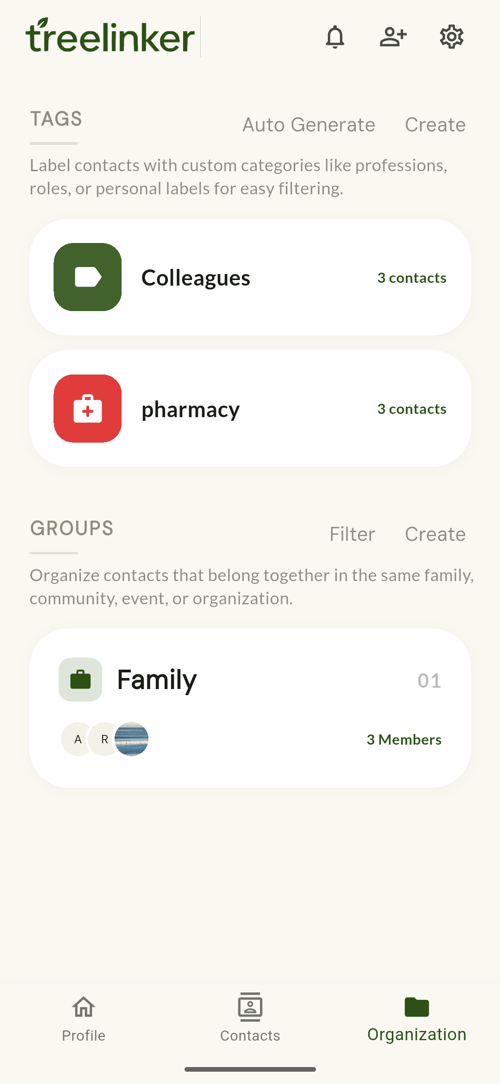 Groups for the gatherings, tags for everything else — shown in the TreeLinker Android app